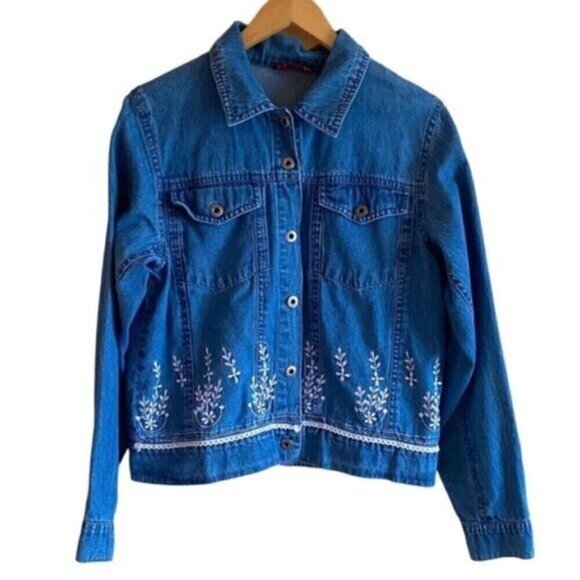Vintage Agapo Denim Jacket Woman Small 100% Cotton Floral Embroidery Coquette - Picture 1 of 11